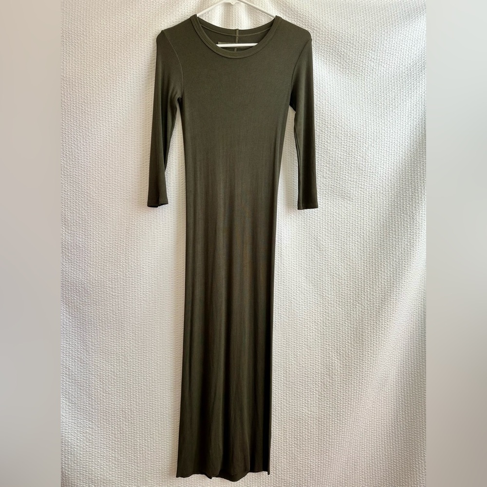 ENZA COSTA Dark Olive Green Rib Knit Elbow Sleeve Maxi Dress Size Small